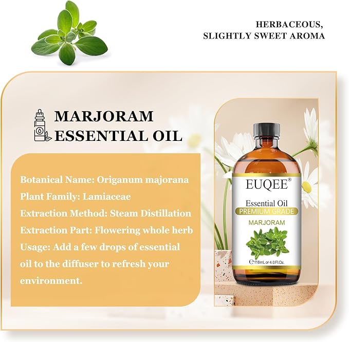 EUQEE Marjoram Essential Oil 118 ml Large Bottle Premium Marjoram Oil with Glass Dropper Great for Diffusers, Soap Candle Making - 4 oz
