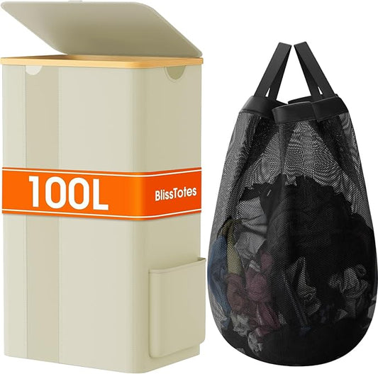 Laundry Basket Clothes Hamper with Lid and Pocket Large Collapsible Laundry Baskets with Handle, Freestanding Hampers for Bedroom Aesthetic, Dorm, Bathroom, Laundry Room (100L, Beige)