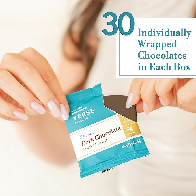 Verse Dark Chocolate Sea Salt Squares - Only 3g Cane Sugar - Creamy 70% Cocoa Dark Chocolate - Individually Wrapped Cacao Bar Squares (30 Count)