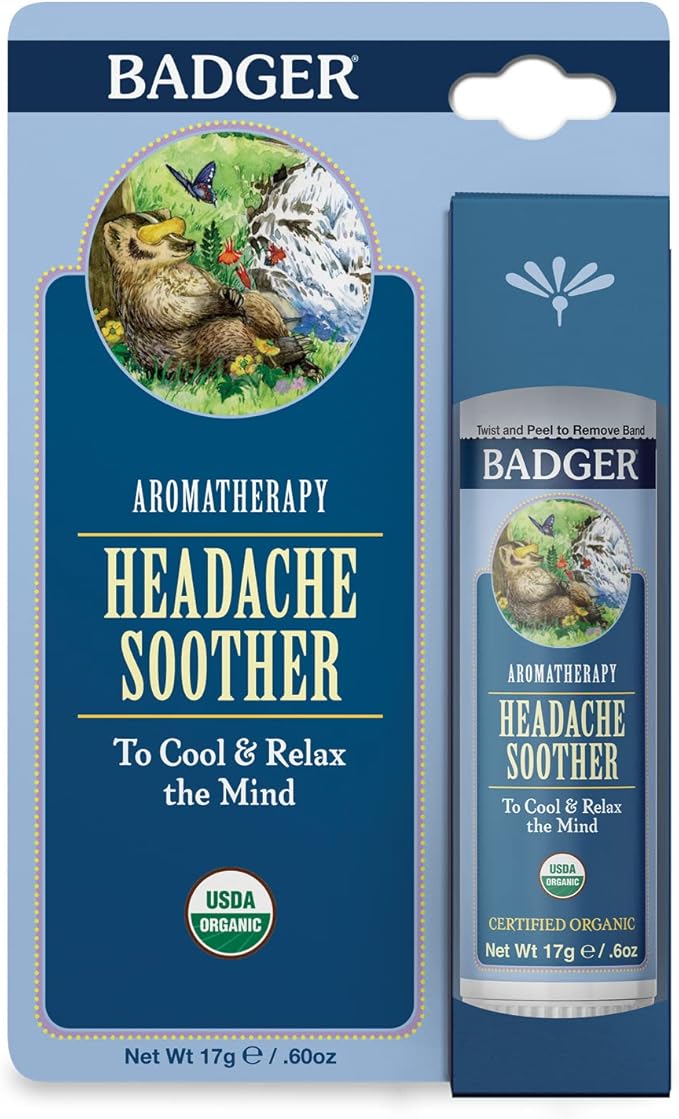 Badger Headache Soother, 100% Organic Essential Oil Aromatherapy, All-Natural Headache Relief w/Peppermint, Eucalyptus & Lavender, .6 oz