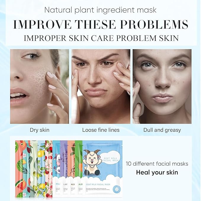 10 Sheets Face Masks Skincare for All Skin Types, Hydrating Face Masks Suitable for Sensitive Skin,Watermelon, Aloe Vera, milk, Goat, Peach, Bulk Facial Masks for Women
