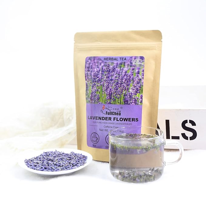 FullChea - Natural Dried Lavender Flowers - 4oz/114g - Premium Food Grade Lavender Buds - Non-GMO - Caffeine-free - Perfect for Tea, Lemonade, Baking, Baths