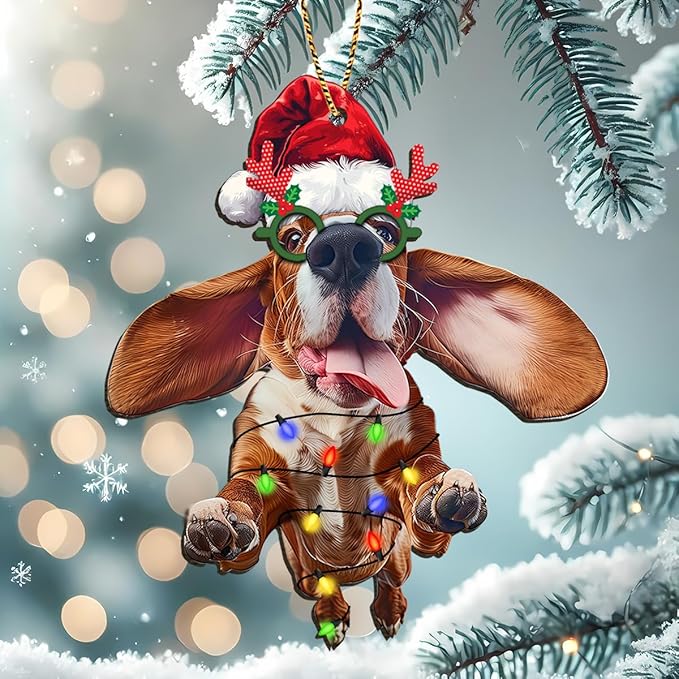 Basset Hound Christmas Tree Keepsake Ornaments, Funny Dogs Themed 2 Side Printed Flat Wooden Ornament, Xmas Hanging Decor