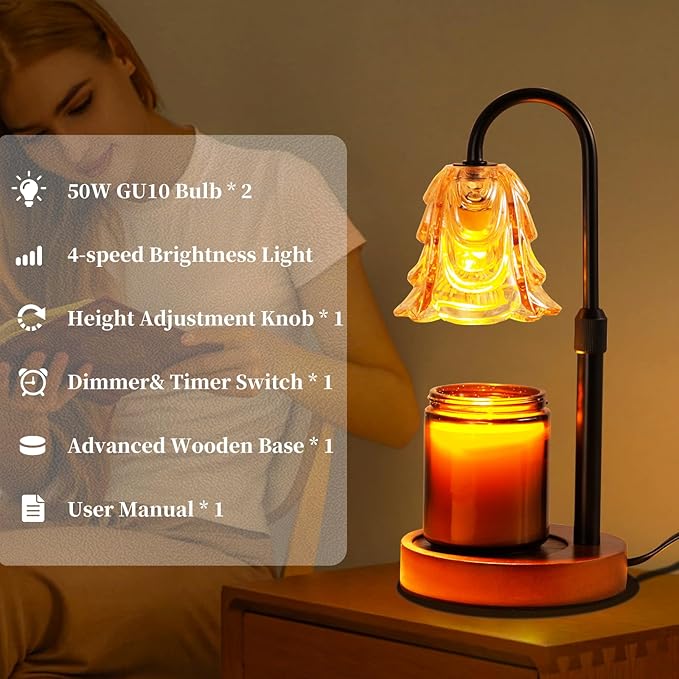 Candle Warmer Lamp with Timer and Dimmer, Birthday Gifts for Women Mom, Adjustable Height Vintage Candle Lamp with 2 Bulbs for Jar Candles, Home Kitchen Office Living Room Decor