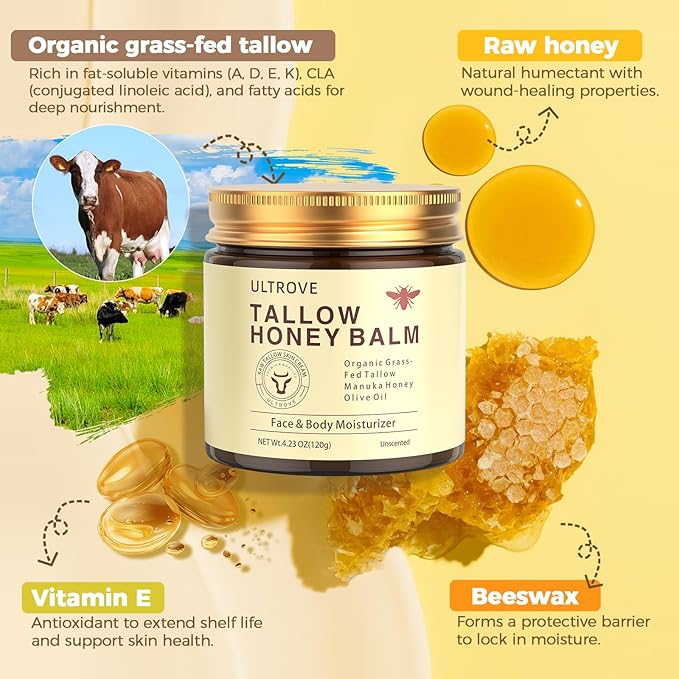 Beef Tallow and Honey Balm for Skin, Natural Face + Body Moisturizer with Organic Grass-Fed Beef Tallow & Raw Wild Honey for Dry & Sensitive Skin, 4.23oz