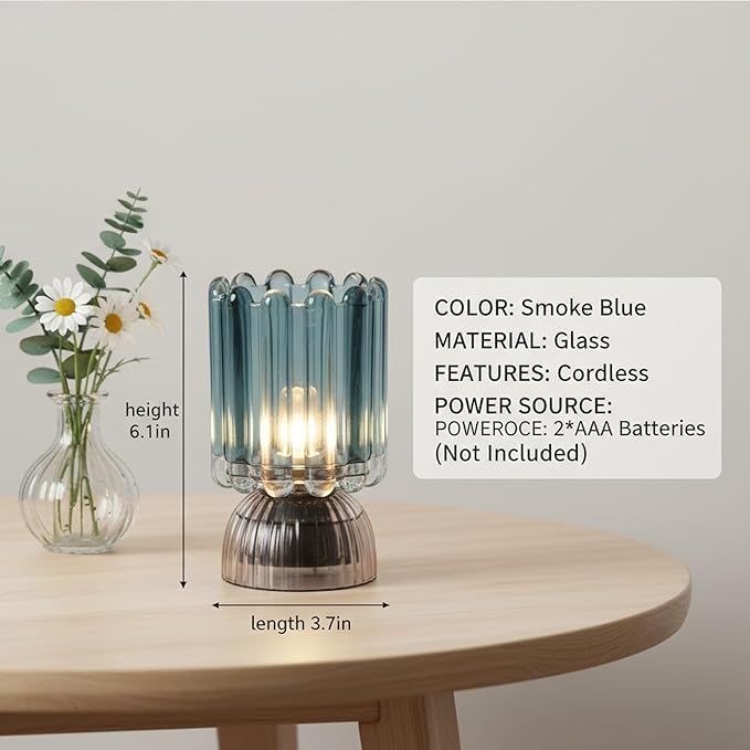 Battery Operated Lamp with Auto-Off Timer, Cordless Table Night Light for Bedroom & Entryway, Portable LED Lamp for Home, Outdoor, Camping No Battery Included (Wine Glass Design-Smoke Blue)