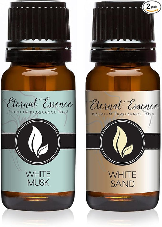 Eternal Essence Oils 2 Pack 10ml Premium Fragrance Oil - White Musk & White Sand - for Candle, Soap Making, Aromatherapy, Diffusers, Home Care, & Humidifiers