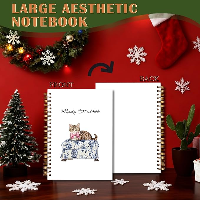 Exqcom Chinoiserie Christmas Tabby Cat Spiral Notebook Gifts, Pink Bow Blue and White Toile Tabby Cat Journal for Women, Merry Christmas Hardcover Notebook Journal Office School Supplies, 5.5x8.3 Inch