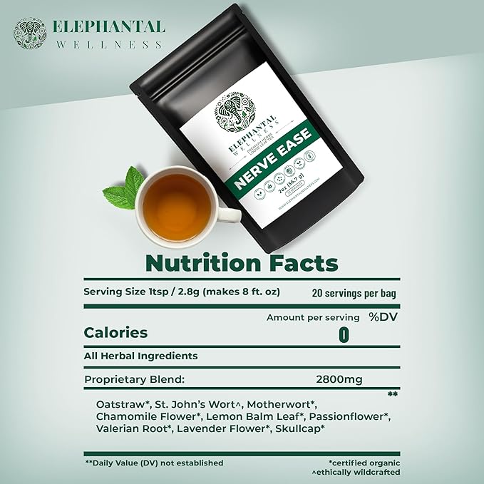 Elephantal Wellness Nerve Ease Herbal Tea | Calming Nervous System Support with Chamomile Tea, Passionflower, Lemon Balm Tea, Valerian & St. John’s Wort | Loose Leaf, Caffeine-Free, 2oz, 20 Servings
