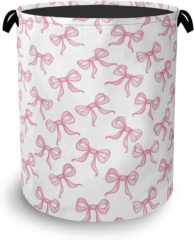 Cute Pink Bow Laundry Basket,Foldable Oxford Cloth Tote Bag Laundry Hamper Clothes Storage Bucket Organizer for Bedroom Laundry Storage Dormitories 16" x 20.8"