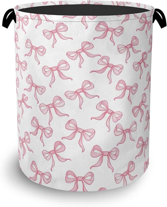 Cute Pink Bow Laundry Basket,Foldable Oxford Cloth Tote Bag Laundry Hamper Clothes Storage Bucket Organizer for Bedroom Laundry Storage Dormitories 16" x 20.8"