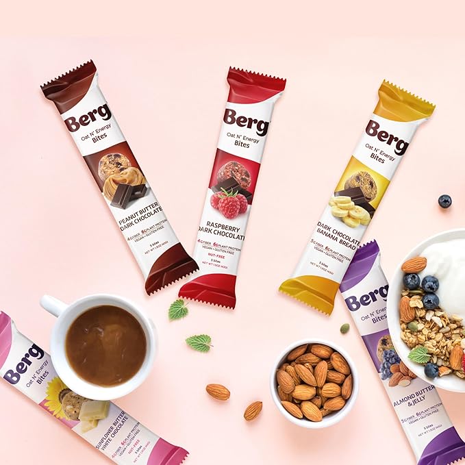 Berg Bites - Oat N' Energy Bites - Almond Butter & Jelly - Non-GMO, Gluten Free, Dairy Free, Soy Free and Vegan - Clean Energy Healthy Snack Bar - 1.5oz (8 Pack)
