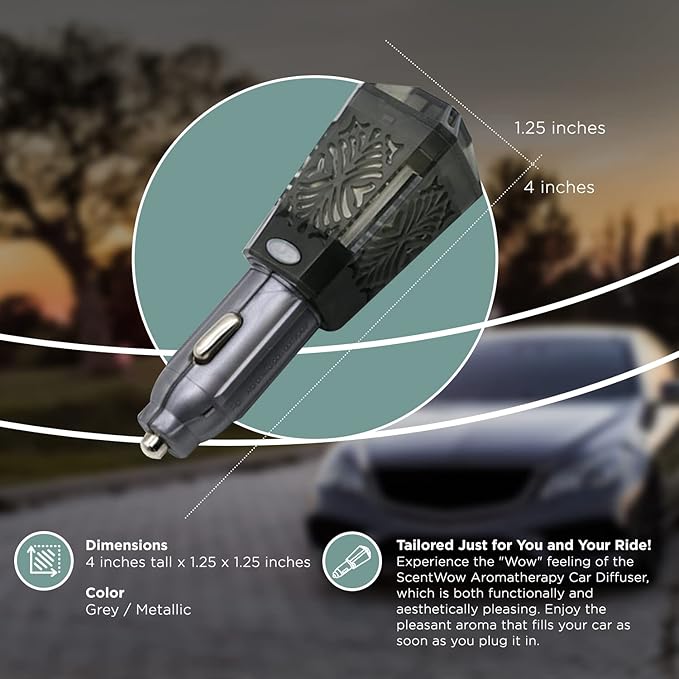 Belle Aroma ScentWow Aromatherapy - Peppermint Oil Car Diffuser for Essential Oils – Portable 12V Plug-In Mini Diffuser – Compact Travel Humidifier for Cars, Trucks & Small Spaces – Gray & Silver