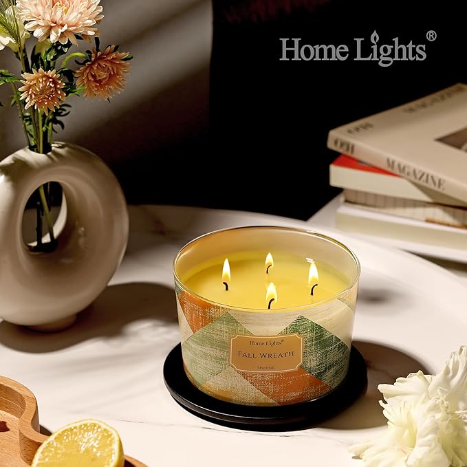 HomeLights Soy Wax Candles for Home Scented, 4-Wick Candles in Fall Wreath Scented, Rustic Modern Aromatherapy Candles Gift for Parties, Relaxing, 18oz