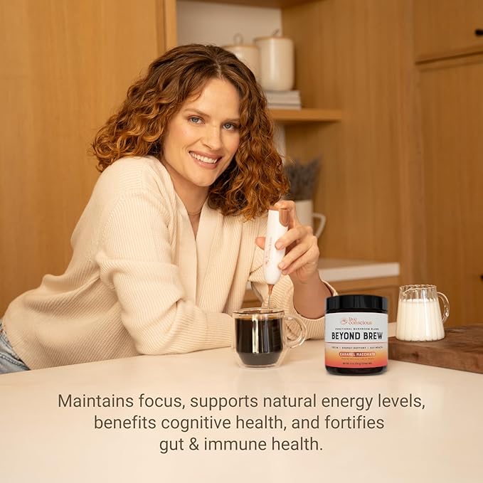 Beyond Brew Caramel Macchiato Coffee Alternative - Low Caffeine Superfood - Powerful Mushroom Complex with Lion’s Mane, Reishi & Chaga - Brewed Drink with Prebiotics & Probiotics - 30 Servings