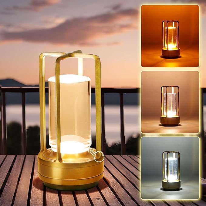 Crystal Lantern Light, Czgor Battery Operated Rechargeable Cordless Crystal Table Lantern Lamp with 3-Color, Portable Small LED Desk Lamp for Indoor/Outdoor Patio Camping Bedroom Bar Restaurant(Gold)