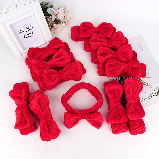 Casoty 12 Pcs Red Spa Headbands, Facewash Headbands, Soft Coral Fleece Makeup Hair band, Bow Hair Band for Face Washing Shower Skin Care Yoga