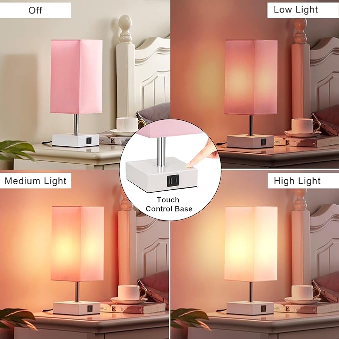 Ambimall Touch Control Table Lamp with 2 USB Charging Ports, 3 Way Touch Lamps Beside Desk, Nightstand Lamp for Bedrooms Living Room, Pink Shade with White Base, LED Bulb Included(Pink)