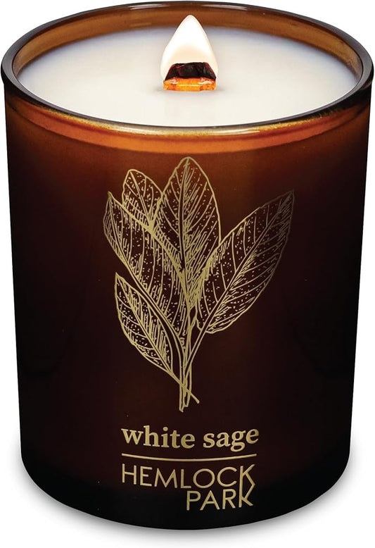 Hemlock Park Wood Wick Candle Handcrafted with Natural Coconut Wax and Essential Oils (Amber & Gold 7.2 oz, White Sage)