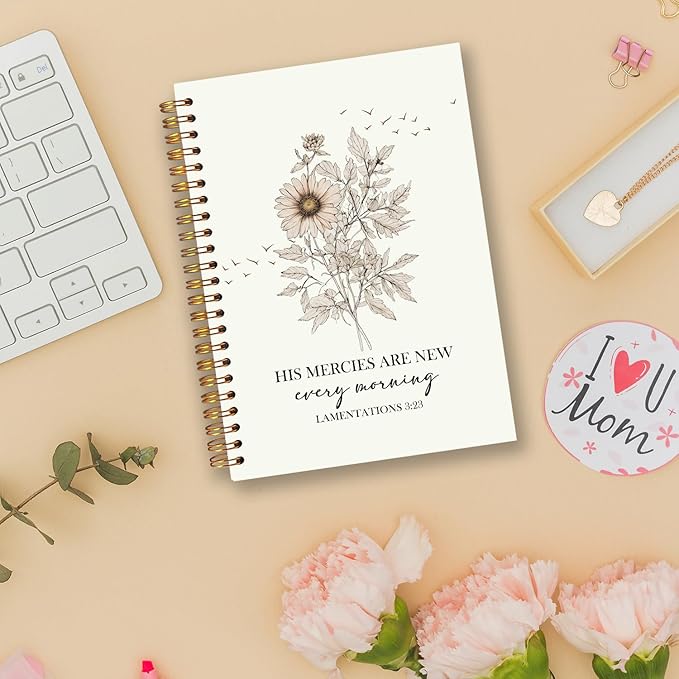 Christian Floral Spiral Notebooks, His Mercies Are New Every Morning Bible Verse Journal, Scripture Journals for Writing, Religious Bible Notebook for Note Taking, 5.5x8.3 Inch