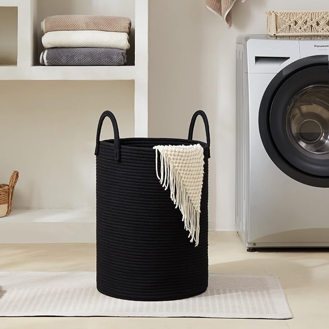 72L Large Woven Laundry Hamper by Fiona's magic, Tall Cotton Rope Storage Basket, Jute Baby Nursery Hamper for Blankets, Toys and Clothes in Bedroom and Living Room Organizing, Black