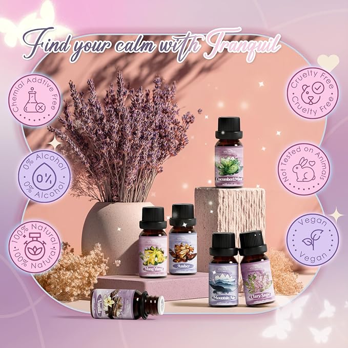 Tranquil Diffuser Oils, SNOWSEN Essential Oil Set for Diffuser, Soap & Candle Making, Aromatherapy Oils Gift Set Includes Amber, Vanilla, Cucumber & Mint, Clary Sage, Ylang Ylang, Mountain Air