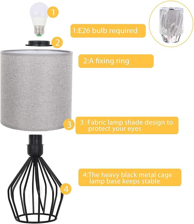 HAITRAL Farmhouse Table Lamp - Small Nightstand Lamp for Bedroom, Black Metal Cage Table Lamp for Living Room, Dorm, Office with Hollowed Out Base, Gray