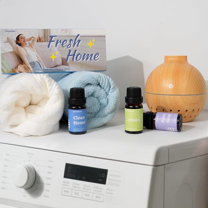 Diffuser Fragrance Oils, Aromtopia Essential Oils for Diffusers for Home, 6x10ml Fresh Home Set, Clean Scents for Candle Soap Making, Dryer Ball, Fresh Linen, Fresh Laundry, Crisp Breeze, Lemon