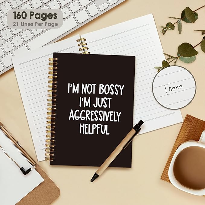 Funny Office Notebooks for Work, Sarcastic Gifts, Office Supplies, I'm Not Bossy I'm Just Aggressively Helpful College Ruled Hardcover Spiral Notebook 5.5x8.3