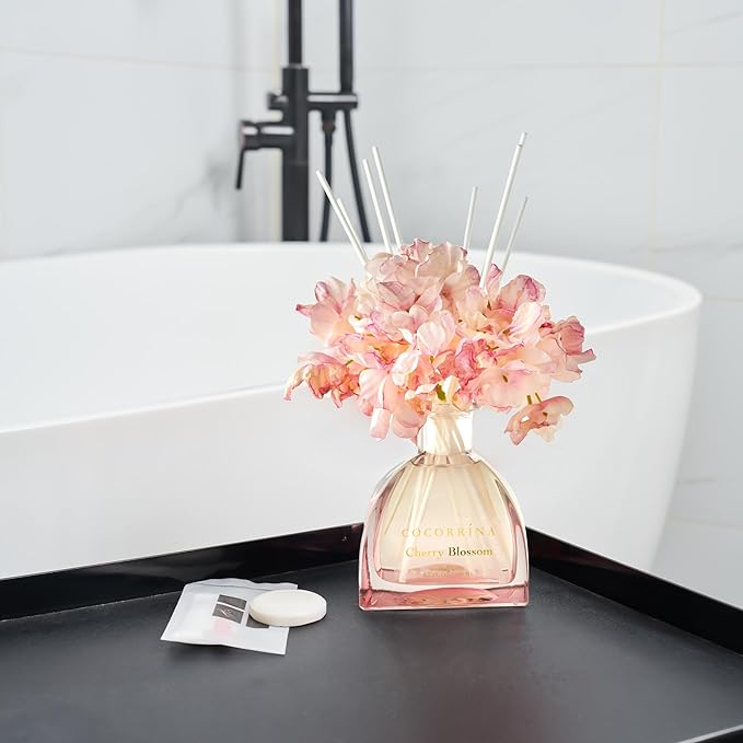 COCORRÍNA Reed Diffuser - 8.5 Oz Cherry Blossom Reed Diffuser with 8 Sticks for Home Bathroom Shelf Decor (Simple Luxe Collection)