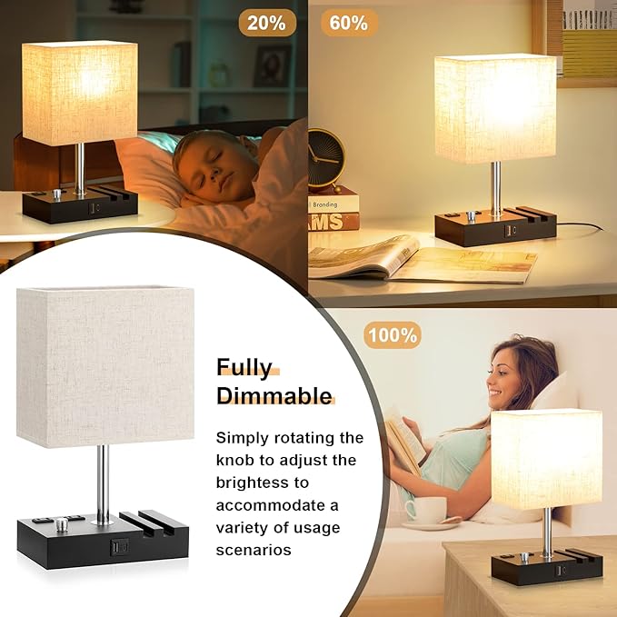 Bedside Lamps for Bedroom Set of 2, Kakanuo Fully Dimmable Small Beige Nightstand Lamps with USB C Ports and 2 Charging Outlets, Wooden Table Lamp with Phone Stands for Living Room, LED Bulbs Included