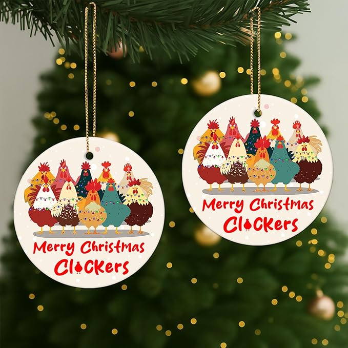 34HD Chicken, Merry Chrismas Ornaments 2025 Ceramic 2-Side Printed, Funny Farm Ornaments for Christmas Tree, Rooster Gifts for Woman Men