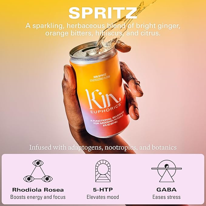 Kin Euphorics Kin Spritz Non-Alcoholic Functional Beverage | Invigorating Booster | Adaptogen & Nootropic Drink | Rhodiola Rosea, 5-HTP, GABA | Ready to Drink | 8 Fl Oz (12pk)