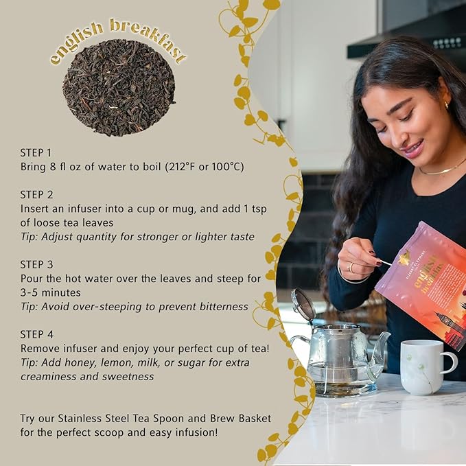 English Breakfast Tea, Organic Loose Leaf Black Tea – Robust, Full-Bodied, Classic Blend – Drink Hot or Iced – 4 oz Resealable Bag (Makes 50 Cups) – The Elegant Elephant