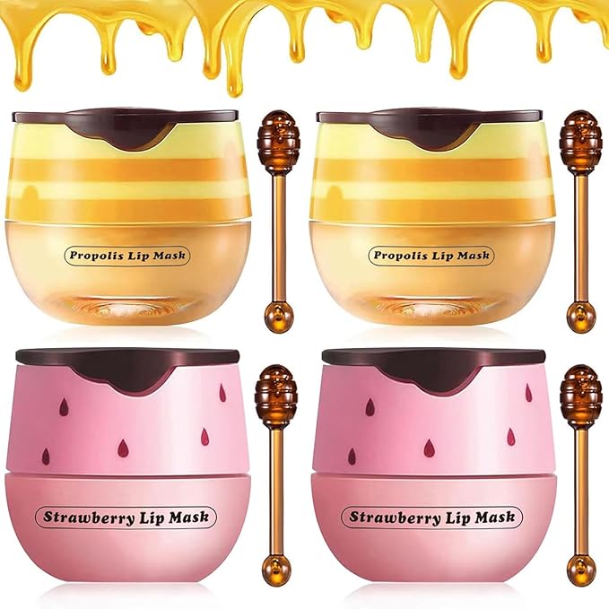 4PCS Strawberry & Bee Lip Balm Honey Pot, Vitamin E & Moisturizing Propolis Sleeping Lip Mask, Effective Reduces Lip Lines Prevention Dry and Cracked Scrubs Exfoliator Smoothing Dry Lip Care