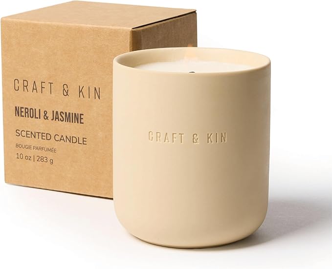 Craft & Kin Scented Candles | Soy Blend with Cotton Wick | Long-Lasting Fall Candles, 40-Hour Burn | Ceramic Jar, Perfect Fall & Winter Home Scent (10 oz, Neroli & Jasmine)