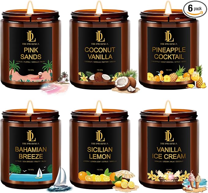6 Pack Scented Candles Set, 42oz 300 Hour Long Lasting Candle, Soy Candles for Home Scented, Scents of Pink Sands/Coconut Vanilla/Bahama Breeze/Pineapple Cocktail/Sicilian Lemon/Vanilla Ice Cream