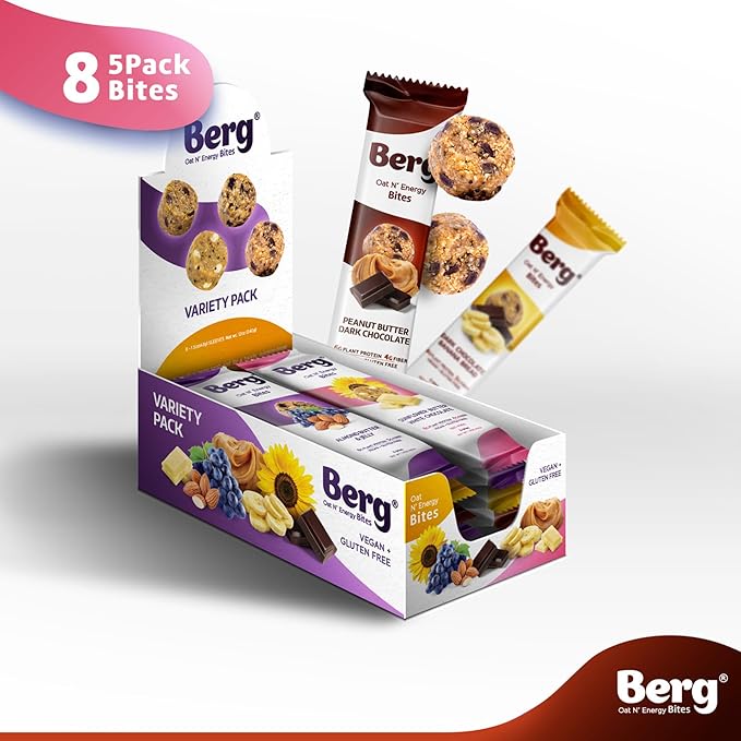 Berg Oat N' Energy Bites - Peanut Butter & Dark Chocolate - Non-GMO, Gluten Free, Dairy Free, Soy Free and Vegan - Clean Energy Snack - 1.5oz, (8 Pack)