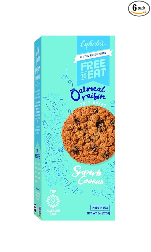 Cybele’s Free To Eat Gluten-Free & Vegan Cookies - Plant-Based, Dairy, Soy, & Nut Free - Soft-Baked School Safe Snack For Kids & Adults - 12 Cookies Per 6 oz Box (Oatmeal Raisin, Pack of 1)