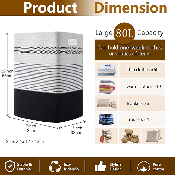 Laundry Hamper, Large Woven Rope Tall Laundry Basket with Handles, 22" X 17" X 13", Decorative Storage Basket for Clothes and Blankets in Living room, Bedroom, Black& White