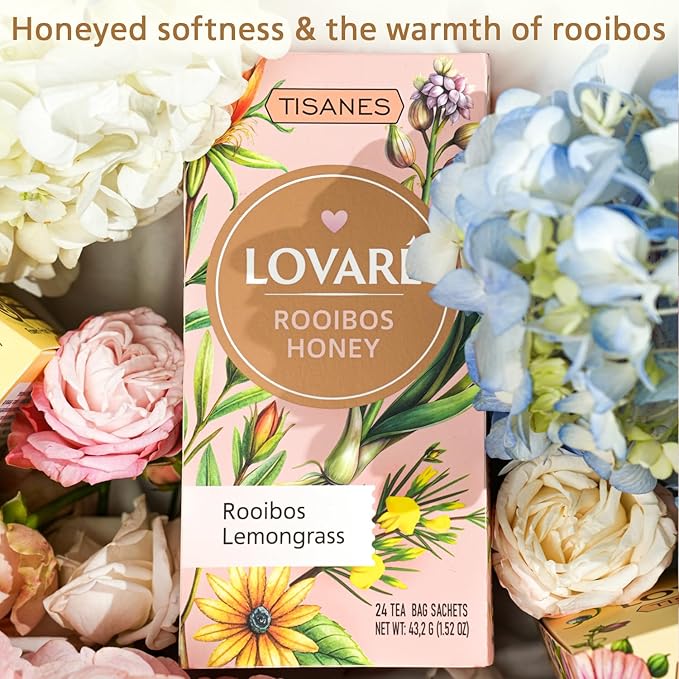 LOVARE Rooibos Honey Tea – Smooth & Naturally Sweet Herbal Blend with Rooibos, Honey & Flowers – Caffeine-Free, 24 Tea Bags (1.8g Each) for Relaxation & Wellness (ROOIBOS HONEY)
