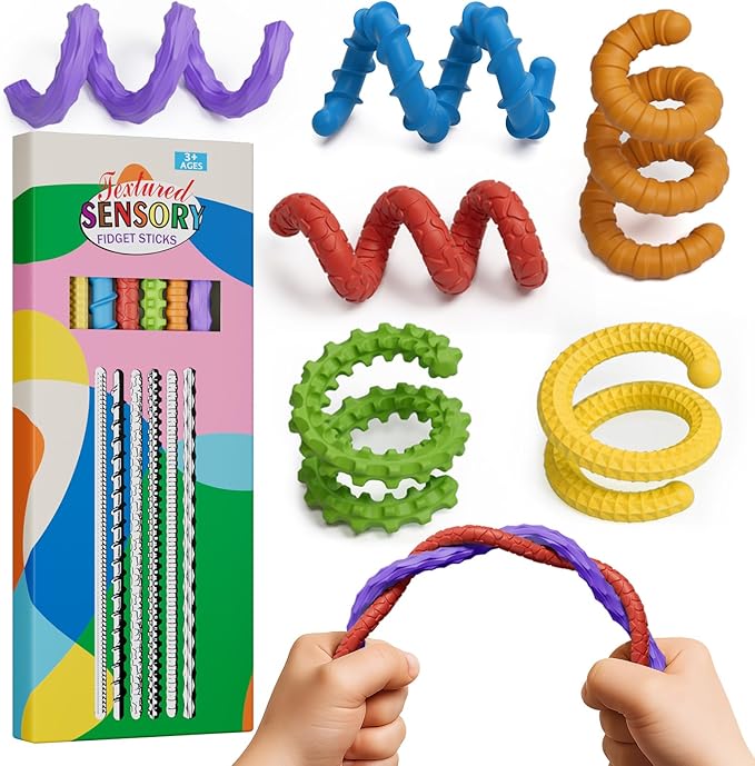 Flexible Sensory Fidget Sticks for Kids,6PCS Sensory Fidget Toys for Stress Anxiety Autistic ADHD,Calm Down Travel Airplane Essentials Toys,Stuffers Gifts for Teens Boys Girls