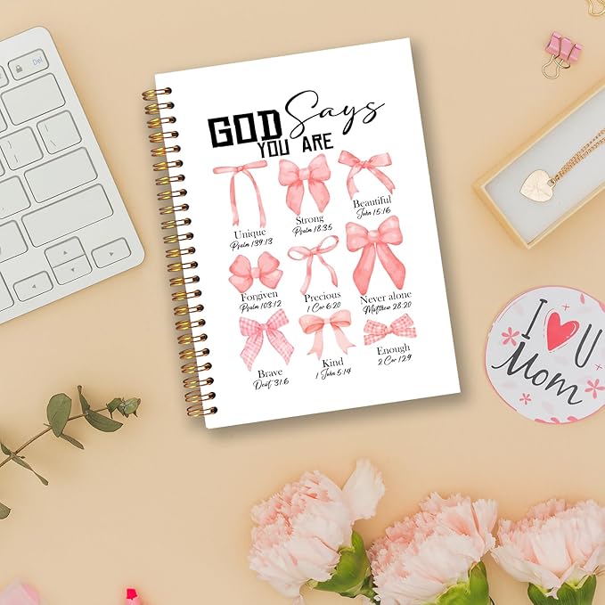 God Says You Are Christian Spiral Notebooks, Coquette Pink Bow Bible Journal, Scripture Journals for Writing, Girly Office Supplies, Religious Notebook for Note Taking, 5.5x8.3 Inch