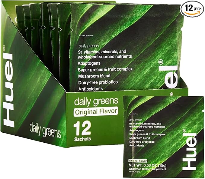 Huel Daily Greens Single Serve | Superfood Greens Powder | 91 Vitamins, Minerals, and Wholefood-Sourced Ingredients | Adaptogens, Antioxidants, Gut-Friendly Probiotics | 12 Pack