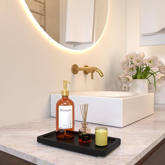 Black Bathroom Tray - Small Black Bamboo Wood Tray Decor for Vanity, Coffee Table, Cologne and Perfume Tray, Matte Black Bathroom Decor for Counter, Soap Dish, 9 inch