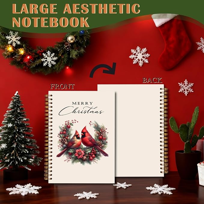 Exqcom Christmas Red Cardinal Spiral Notebook Gifts, Winter Red Holly Berries Botanical Bird Holiday Journal for Women, Merry Christmas Hardcover Notebook Journal Office School Supplies, 5.5x8.3 Inch