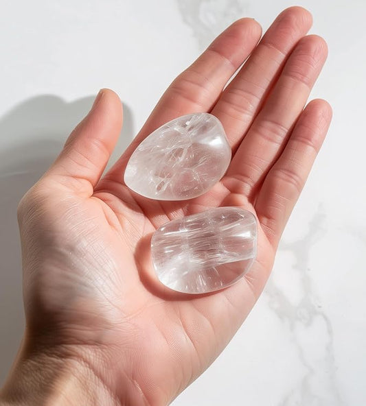 Polished Clear Quartz Crystal Stones - 2 Pcs of 1.2" Worry Stone for Anxiety, Pocket Palm Stone Super Large Handpicked Natural Tumbled Gemstones for Meditation, Reiki, Chakra Healing, Home Decor