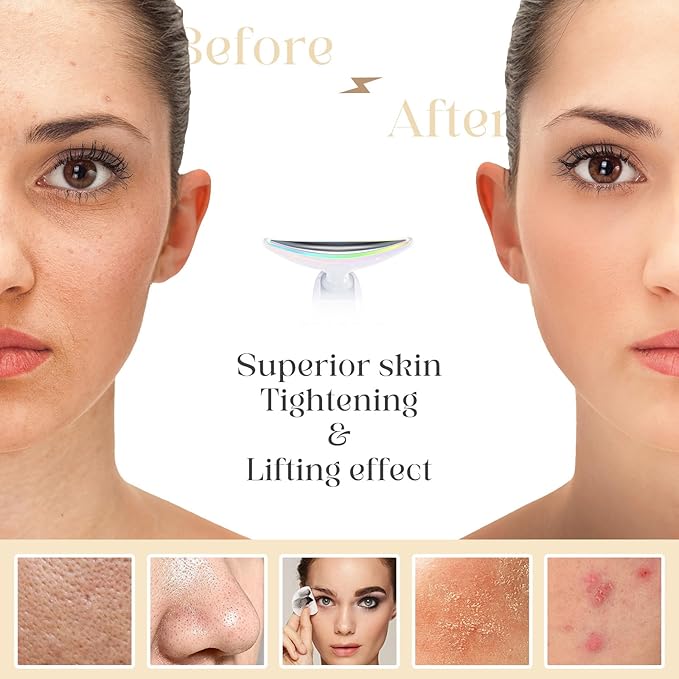 Face Massager with Led Light: 9-Color Facial Device - Neck Wrinkles Tightening Wand - Vibration Tool for Skin Care, White