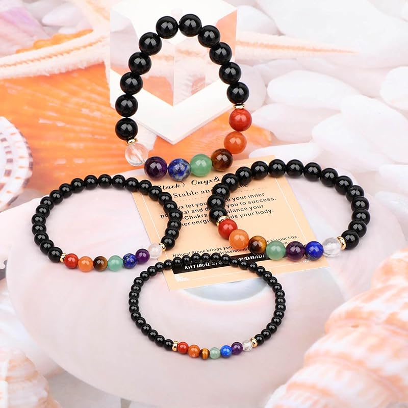 AD Beads Handmade Gemstone Stretch Elastic Bracelet Crystal Healing Reiki Nature's Beauty and Spiritual Essence Unisex (10mm, Onyx & 7-Chakra (Stable and Balance))