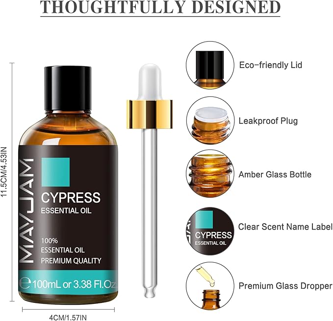 Cypress Essential Oil, MAYJAM 3.38fl.oz/100ml Cypress Oil with Glass Dropper, Ideal for Bedroom Living Room Office Use